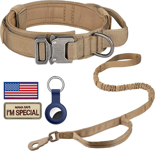 DAGANXI Tactical Dog Collar, Adjustable Military Training Nylon Dog Collar with Control Handle and Heavy Metal Buckle for Medium and Large Dogs, with Patches and Airtags Case (XXL, Brown-Set)