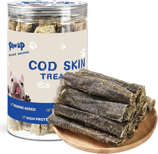 PAWUP Dog Treats, Cod Skins Dog Treat with Taurine, One-Ingredient Grain-Free Chew Fish Skin Rolls Rich in Omega3, 8 oz (4-6 Count)