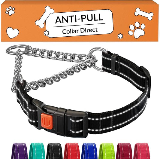CollarDirect Martingale Dog Collar with Stainless Steel Chain and Quick Release Buckle - Reflective Collar for Large, Medium, Small Dogs - Black, Small (Neck Size 12"-15")