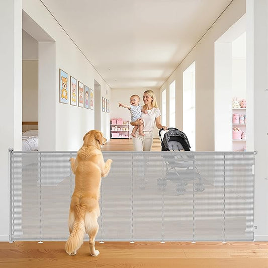 Retractable Baby Gate for Stairs, 48" Tall X 200" Wide Mesh Dog Gate Indoor, Child Gate for Doorways, Hallways, Deck, Indoor Outdoor Pet Baby Safety Essentials for Home, Gray (2 Pack)