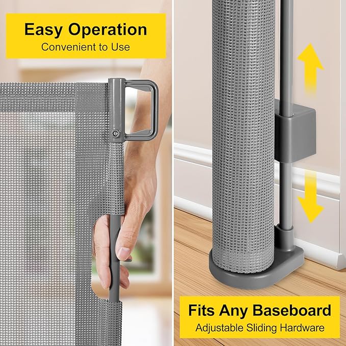 Reinforced 42” Extra Tall Pet Gate for Doorways, Extends up to 60” Wide, Extra Tall Retractable Baby Gates with Rods to Prevent Crawling Through Retractable Mesh Dog Gate Indoor Outdoor, Gray