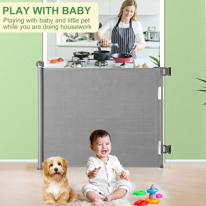 Retractable Baby Gate, Extra Wide Safety Kids or Pets Gate, 33” Tall, Extends to 55” Wide, Mesh Safety Dog Gate for Stairs, Indoor, Outdoor, Doorways, Hallways(33”x55”- Grey)
