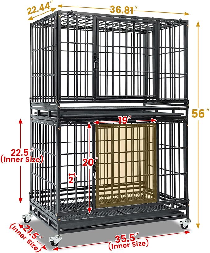 2-Pack 36 inch Stackable Heavy Duty Dog Crate, Metal Escape Proof Dogs Cage Kennel with Lockable Wheels, Removable Tray & Metal Grid, Top Access for High Anxiety Dogs Medium/Small Dogs