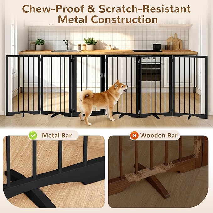 32” Extra Tall Freestanding Dog Gate, Foldable Gates for Dogs Indoor with Door, 6-Panel Dog Fence with Support Feet for Stability, Folding Dog Gates for Doorways Extra Wide No Drilling 106"x32"