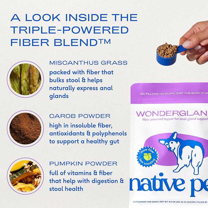 Native Pet WonderGland - Dog Anal Gland Supplement - Promotes Firm Stools, Natural Gland Expression to Help Reduce Scooting - Fiber Food Topper with Miscanthus Grass, Pumpkin & Probiotics -120 Scoops