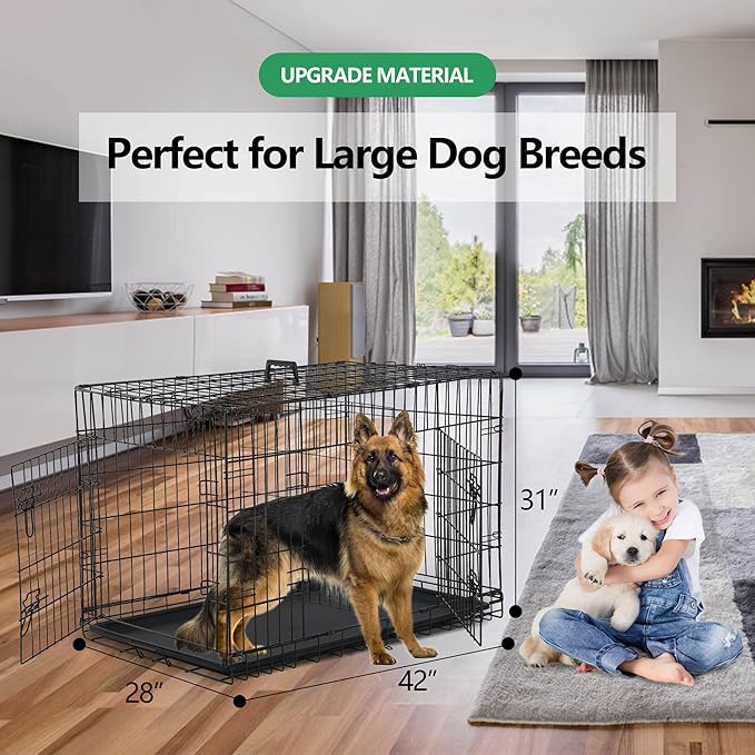 Foldable Dog Cage - 42 Inch Kennel, Double Door w/Leak-Proof Tray, Collapsible Metal Cage for Medium Dogs, Indoor Use