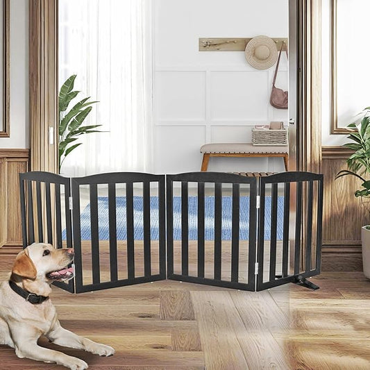 Freestanding Dog Gate Indoor,Doggie Gate Foldable Pet Gates for Doorways,Stairs or Hallways, Wooden Black Pet Gate for the House, Pet Fence with Support Feet Included,24 "Height-4 Panels