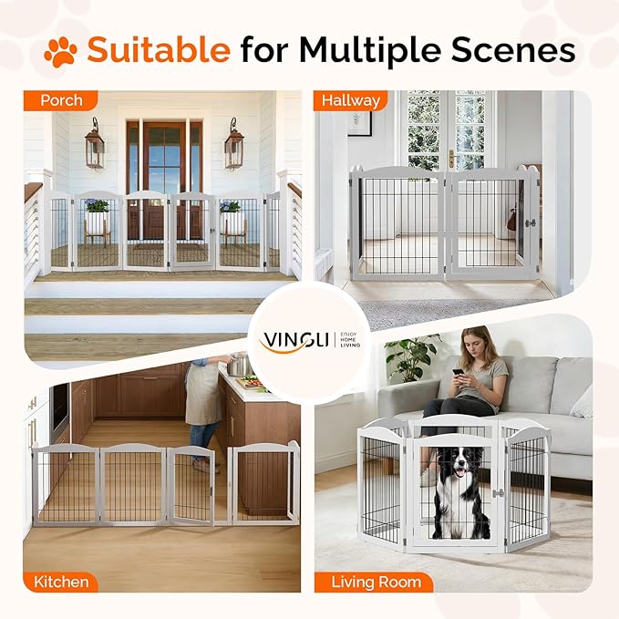 VINGLI Freestanding Dog Gate with Door, Pet Gate with Walk Through Door, Foldable Pet Safety Fence for Stairs Doorways Fireplace (30" H - 6 Panels)
