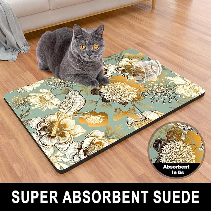 Dog Food Mat, 12" x 19" Flower Absorbent Dog Cat Bowl Mat for Food and Water, Cute Anti-Slip Rubber Pet Feeding Rug Protect Floors, Placemat for Feeding & Watering Supplies, Retro Floral