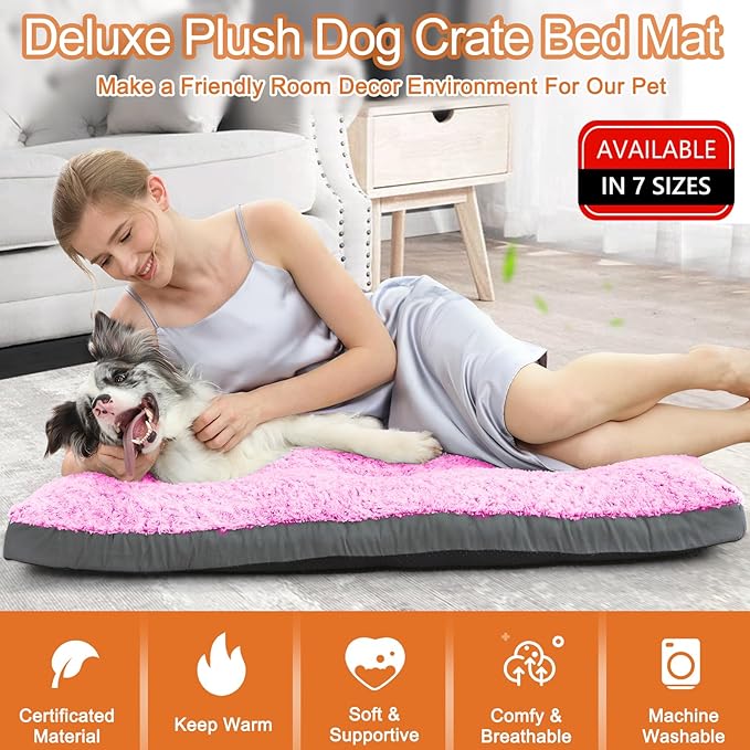POCBLUE Dog Beds Large Sized Dog, Washable Plush Pet Bed for Crate, Anti-Slip Pet Mat for Cages, Comfy Crate Pad for Outdoor/Indoor/Car Use, Soft Kennel Pad for Dogs Up to 60 lbs, 35"x23", Pink