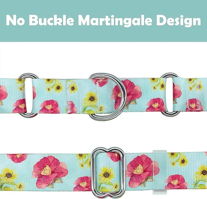 Martingale Dog Collar, Adjustable Soft No Pull Training Collar with No Buckle, Floral Pattern No Slip Martingale Collars for Medium Dogs (1" Width M)