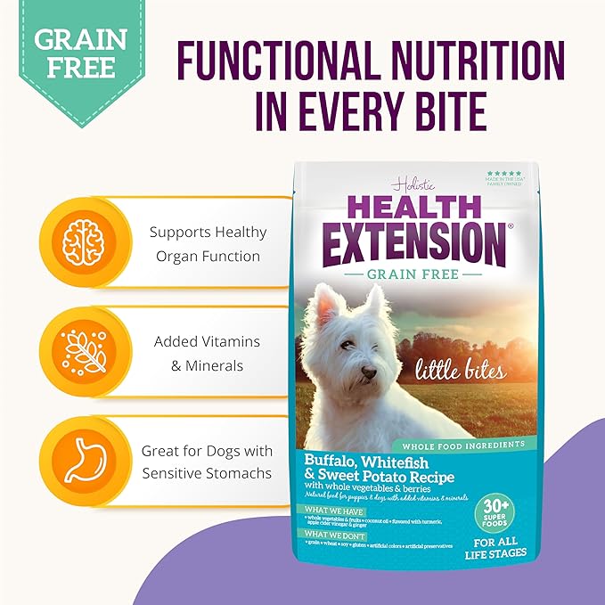 Health Extension Grain Free Buffalo & Whitefish Little Bites Small Kibble Formula with 30+ Superfoods and Probiotics for Teacups, Toys & Miniature Dogs (3.5 lb)
