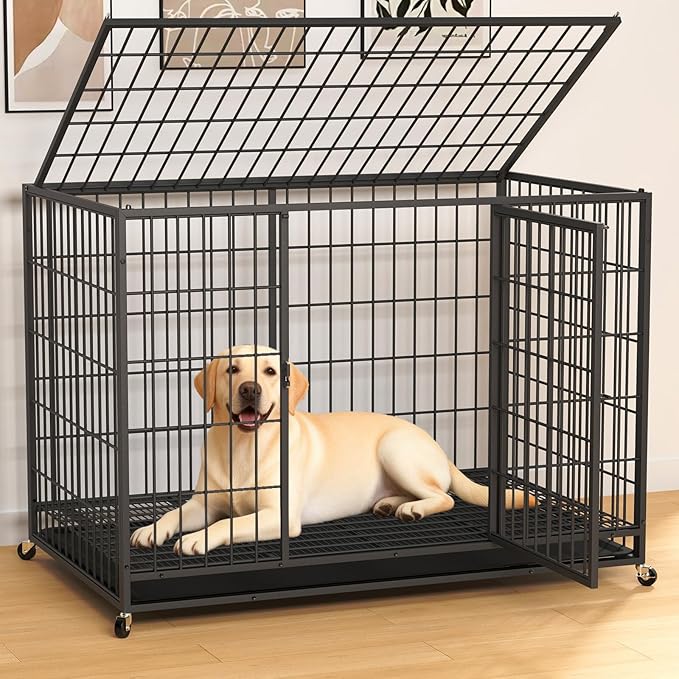 48 Inch Large Dog Crate, Escape Proof Dog Cage with Dual Door Lock and Swivel Casters,Removable Tray for Easy Cleaning, Dog Kennel Indoor Outdoor Use