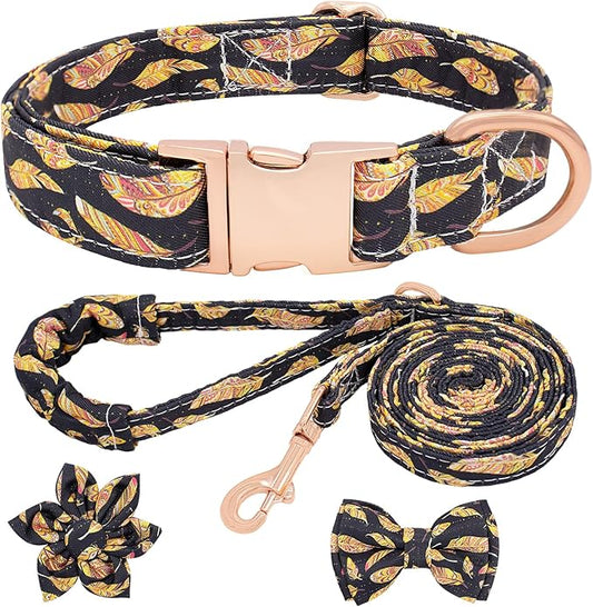 Dog Collar and Leash Set Adjustable Girls Puppy Floral Collars with Bow Tie for Small Medium Large Dogs(L, Feather)