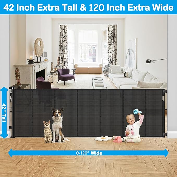Reinforced 42" Tall X 120" Extra Wide Retractable Baby Gate Extra Long Baby Gates for Large Openings Prevent Kids and Pets from Jumping Over Retractable Pet Gate Reinforced Puppy Gates for Dogs, Black