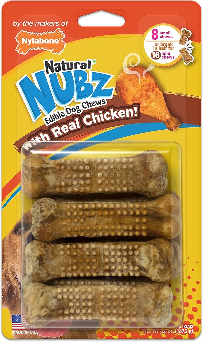 Nylabone Nubz Natural Dog Chew Treats for Small Dogs, Long Lasting Dog Bones Made in USA, Chicken Flavor Breath Freshener Dental Chews, for Dogs Up to 25 lbs. (8 Count)