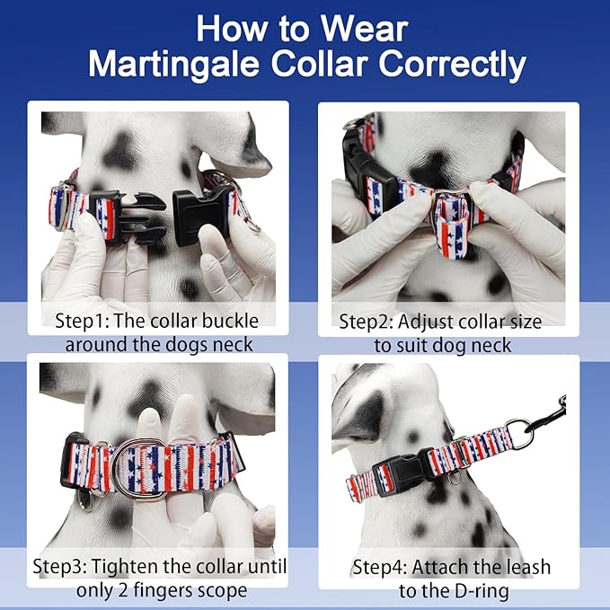 American Flag Martingale Collar 4th of July Star Holiday Dog Collar with Buckle Adjustable Pet Collars (Red Blue Patriotic Stripes, Large)