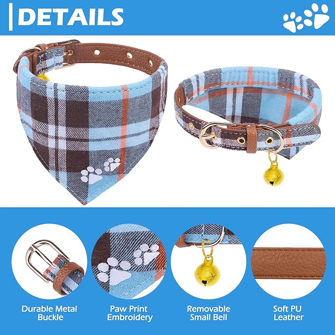 EXPAWLORER Dog Collar and Leash Set - Embroidery Pawprints Plaid Dog Leash and Collars, Cute Bandana and Detachable Collar, Suitable for Small Medium Dogs Girl Boy, SkyBlue S-M