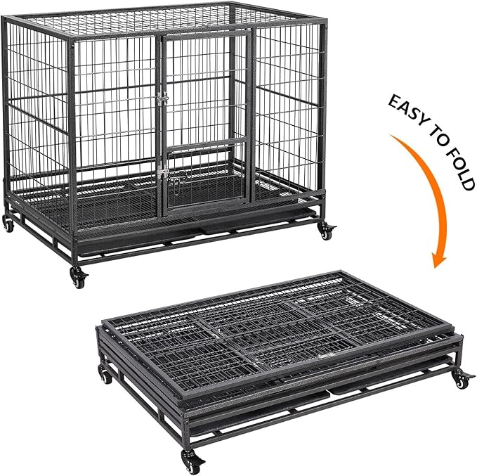 Yaheetech 43In Large Dog Crate, Heavy Duty Metal Dog Kennel Collapsible Open Top Pet Cage Kennel with Double Doors, Prevent Escape Locks, Lockable Wheels, Double Tray Indoor Outdoor, Extra Large XL