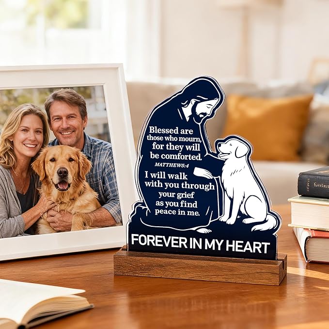 Dog Memorial Gifts for Loss of Dog – Exclusive Jesus Comforting Dogs Figurine with Bible Verse Matthew 5:4, Unique Pet Loss Sympathy Gifts, Pet Remembrance Keepsake with Walnut Wood Base for Dogs Memory Gift 6.7 x 5.9 Inch