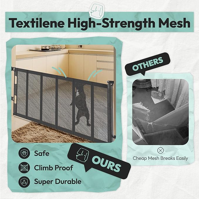 34" H Tall Mesh Dog Gate Extends Up to 150" W Retractable Pet Gate with Drill Installation, Preventing Crawling Through for Stairs, Doorways, Indoor & Outdoor (Gray)