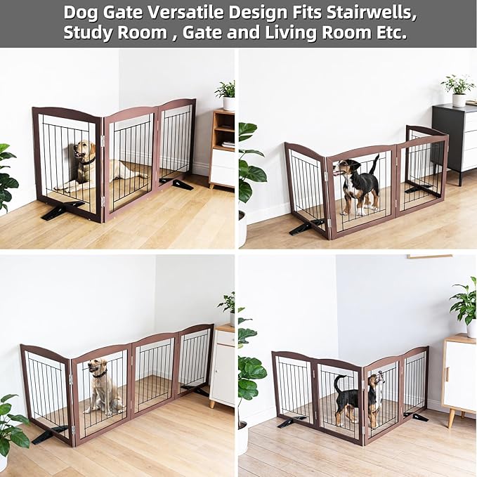 Dog Fence Indoor,Dog Gate Indoor for Doorway pet gate -3-Panel Freestanding, Hallways, House or Stairs -60x24-Inch Retractable Foldable Expandable Wood Pet by SFJC (Brown) ﻿