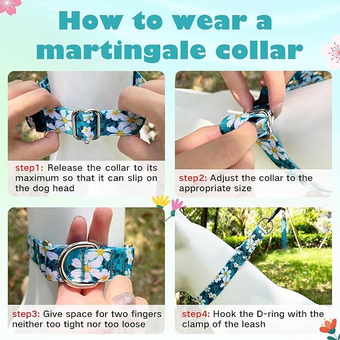 Hikiko Martingale Collar for Dogs with No Buckle Floral Daisy Dog Collar Soft Nylon No Pull Dog Collars for Small Dogs,Green Flower,S