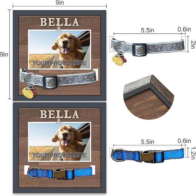 Pet Collar Memorial Shadow Box Dog Picture Frame 9.2""x9.2"", Cat or Dog Memorial Gift Pet Sympathy Remembrance Gift Keepsake DIY Name for Multi Sizes Dogs, wood, HN0EPMF-BL10