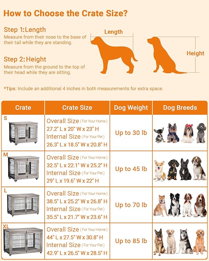 Dog Crate Furniture with Cushion, Wooden Dog Kennel Indoor with Double Doors, Dog Cage with Wheels, Dog House Side End Table for Large Dogs up to 85 lb, 44" L, Grey