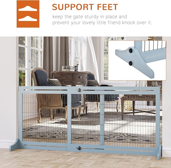 PawHut 72" W x 27.25" H Extra Wide Freestanding Pet Gate with Adjustable Length Dog, Cat, Barrier for House, Doorway, Hallway, Blue-Gray