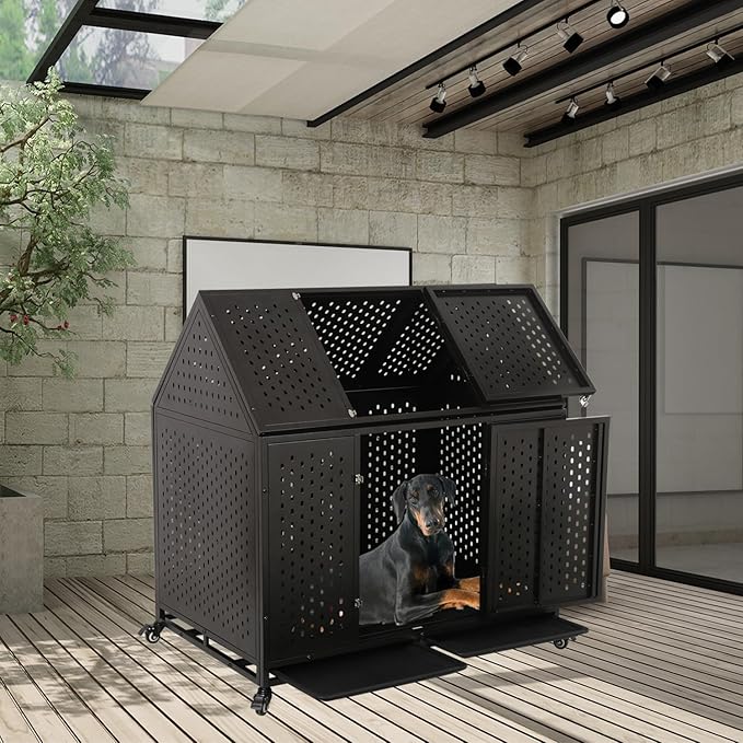 44 inch Heavy Duty Dog Crate with Wheels, Indestructible Escape-Proof Steel Pet Kennel for High Anxiety Large Medium Dogs, Chewproof Indoor Double Door Dog Kennel with 2 Trays, 4 Locks, XL