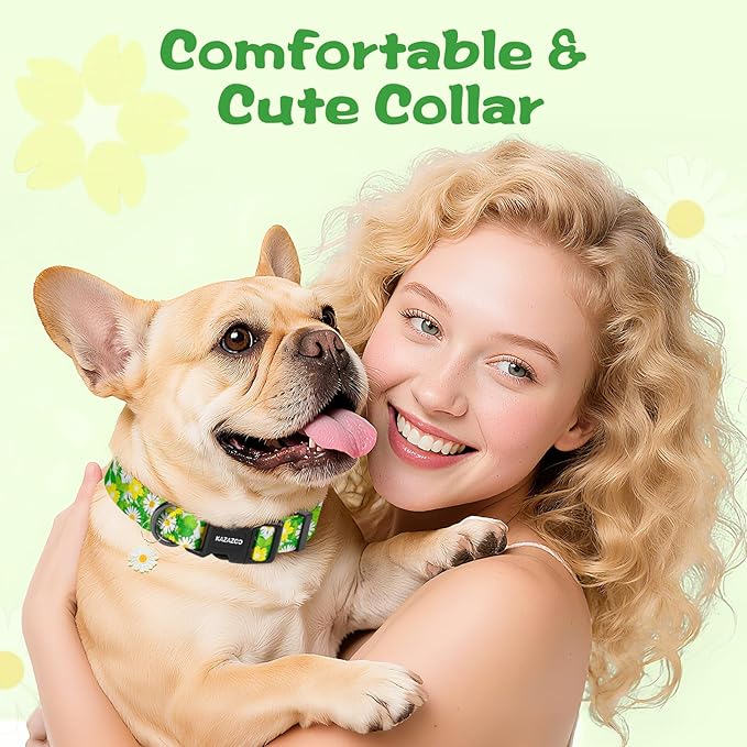 Kazazoo Dog Collar Cute and Soft Nylon Puppy Collar for Boy and Girl, Adjustable Dog Collars for Small Medium Dogs, Green Daisy-S