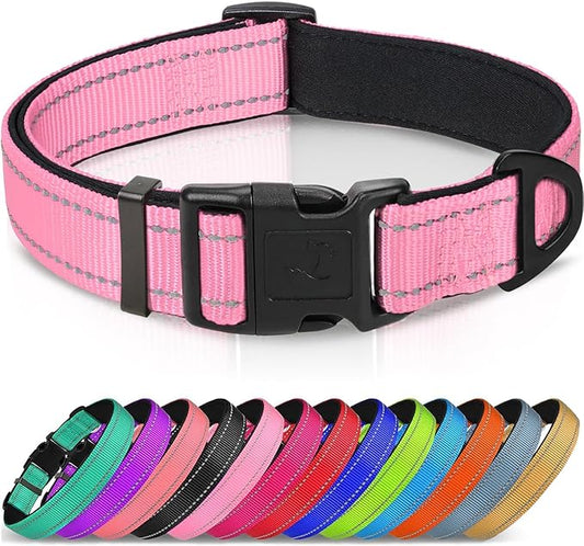 Joytale Reflective Dog Collar, Soft Neoprene Padded, Metal D-Ring, Nylon Pet Collar Adjustable for Medium Dogs, Pink, M