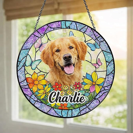 Lovely POD Custom Dog Portrait Stained Glass Suncatcher, Pet Memorial Stained Glass Photo Suncatcher, Dog Memorial Gift, Cat Loss, Pet Loss Gift, Christmas Ornament for Family