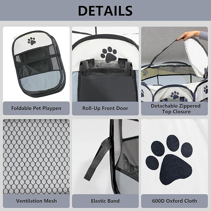 Cat Dog Playpen, Puppy Pet Playpen Indoor for Small Dog Crate Tent Cage Outdoor, Portable Pop Up Dogs Enclosure Kennel with Carrying Case for Dogs/Cats/Rabbits Grey.