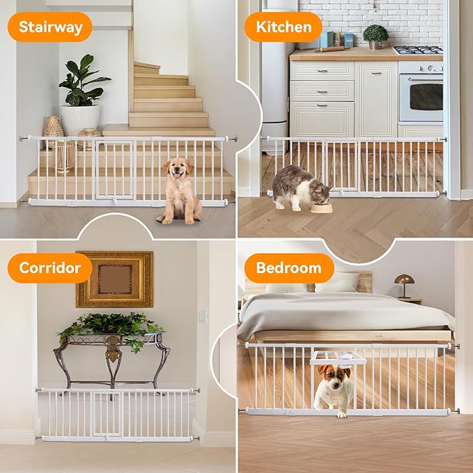 14" Height Short Dog Gate Adjustable18-48" Extra Wide Dog Gate with Small Cat Door,Pet Gate with 4 Extension Kits Pressure Mounted for Doorways & Stairs(White, 14" Height)