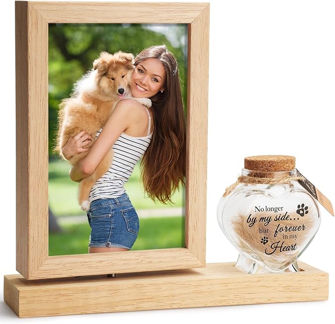 Dog Memorial Gifts for Loss of Dog – Rotating Wooden 4x6 Picture Frame with Fur Keepsake Jar & Writable Name Card, Pet Remembrance Sympathy Gift for Dog & Cat Lovers (Natural Wood)