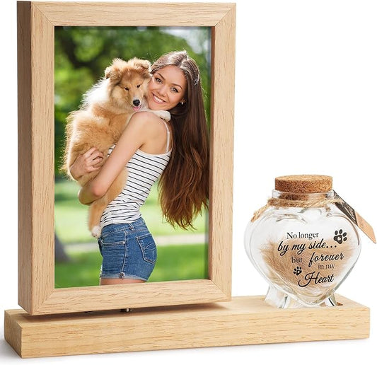 Dog Memorial Gifts for Loss of Dog – Rotating Wooden 4x6 Picture Frame with Fur Keepsake Jar & Writable Name Card, Pet Remembrance Sympathy Gift for Dog & Cat Lovers (Natural Wood)