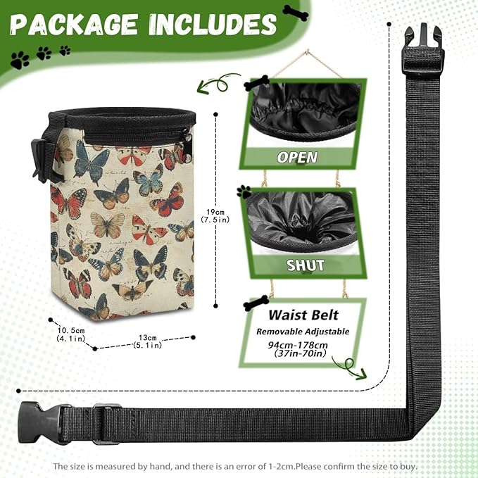 Vintage Butterfly Dog Treat Bag Puppy Training Pouch Animal Walking Snack Container Dog Food Dispenser Pet Feed Snack Reward Pocket for Pet Puppy Travel or Outdoor Use
