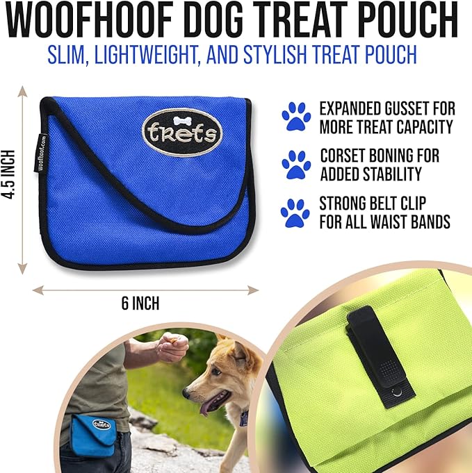 Woofhoof Dog Treat Pouch, Blue Training Treat Pouch - Clip On Dog Treat Holder, Innovative No Spill Design, Magnetic Flap, Expandable Gusset, Made of Durable Nylon, Machine Washable