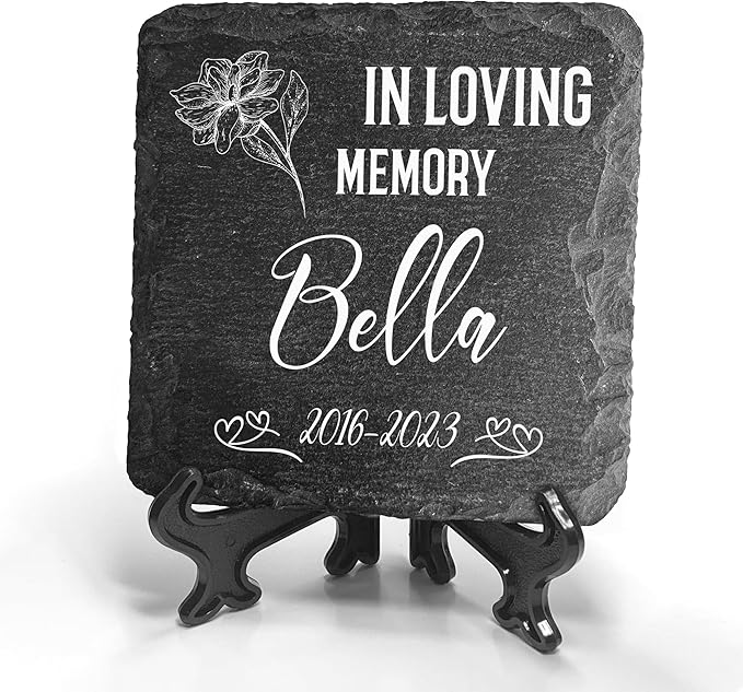 Personalized Individual Square Memorial Plaque + Stand for Pet Cat Dog Slate Stone Frame Paw Grave Marker - Size 3.94" x 3.94" or 100 x 100 mm - in Loving Memory