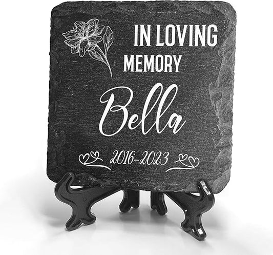 Personalized Individual Square Memorial Plaque + Stand for Pet Cat Dog Slate Stone Frame Paw Grave Marker - Size 3.94" x 3.94" or 100 x 100 mm - in Loving Memory