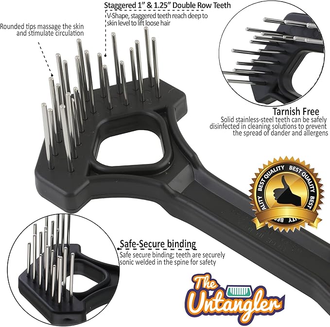 Undercoat Mini-Rakes for Effective Dematting and Grooming Dogs and Cats has V-Shape Head and Double Row, Stainless-Steel Rotating Teeth (Shedding Mini-Rake)