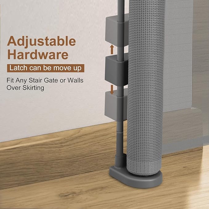 150 inch Retractable Baby Gates 34 inch Tall, Retractable Gate with Reinforced Strip Design to Prevent Crawling Through, 12 FT Extra Wide Retractable Dog Gate for Indoor/Outdoor