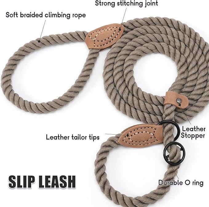 Mile High Life Slip Leads for Dogs | Heavy Duty Dog Training Leash | 6 Feet No Pull Slip Leashes w Leather Tip | Braided Rope Lead for Dogs Outside