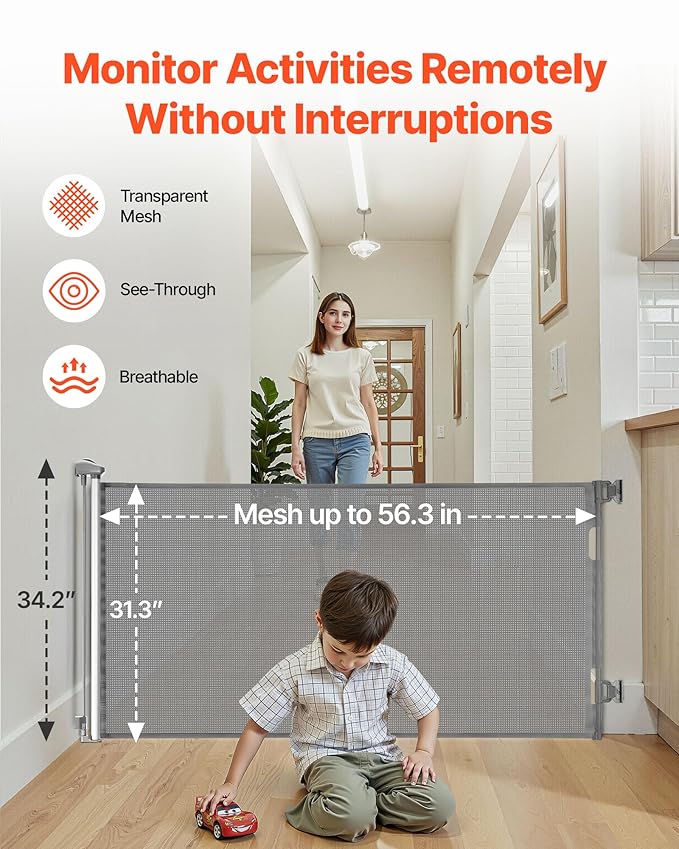 VEVOR Retractable Baby Gate, Extends to 56.3 inch Wide, 31.3 inch Tall, with Security Lock, Easy to Use, Walk Through Without Tripping, Mesh Dog Gate for Stairs, Hallways, Indoor/Outdoor, Gray