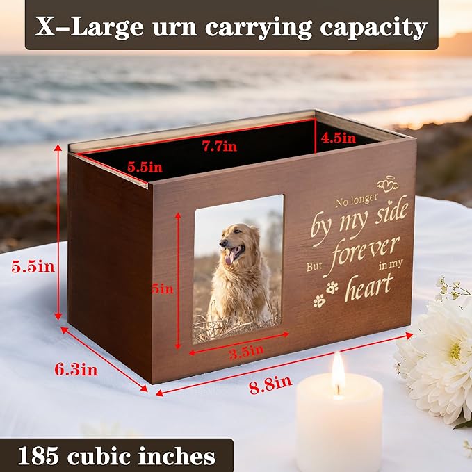 Pet Urns for Dogs or Cats Ashes with Photo Frame, Wooden Memory Box for Keepsakes with Black Flannel as Lining, Pet Memorial Gifts for Dogs (Brown X-Large)