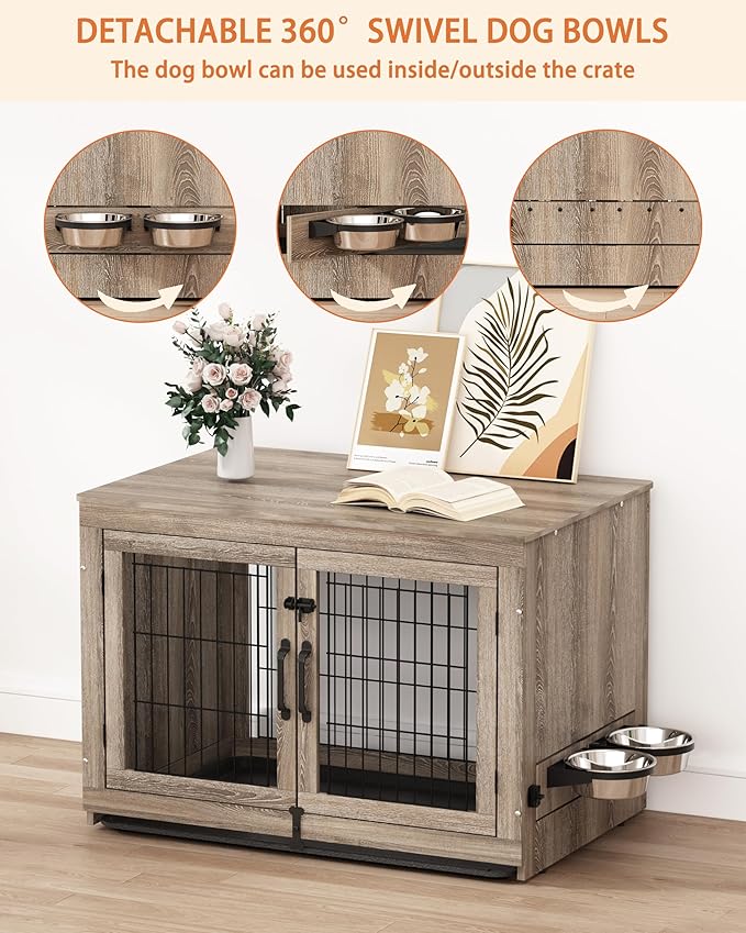 Piskyet Wooden Dog Crate Furniture with 360°Rotatable Removable Dog Bowls, Dog Crate End Table with Tray(L:37.7" L*25.1" W*26.1" H, Gray)
