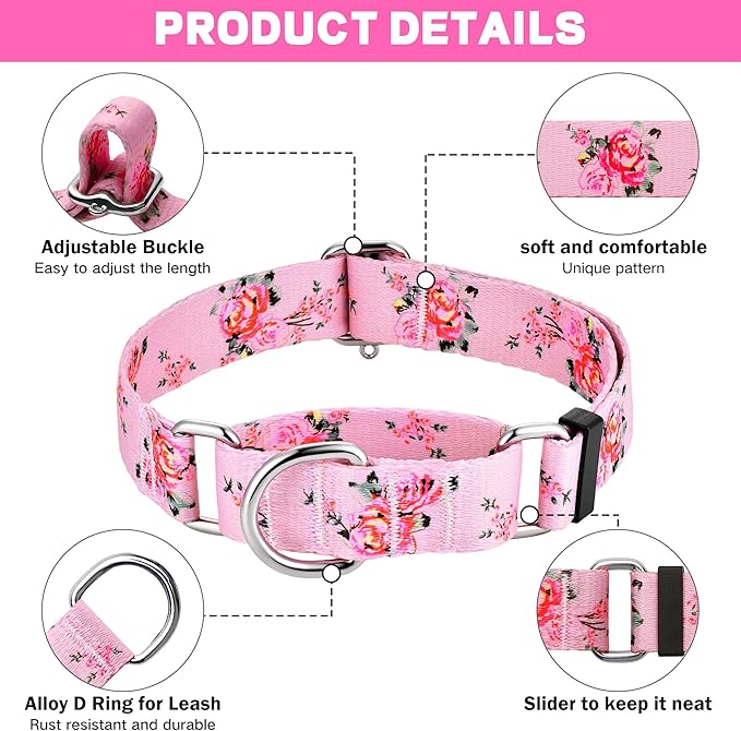 Hikiko Martingale Collar for Dogs with No Buckle Pink Floral Female Dog Collar Cute Girl Dog Collars for Large Dogs,Pink Rose,L