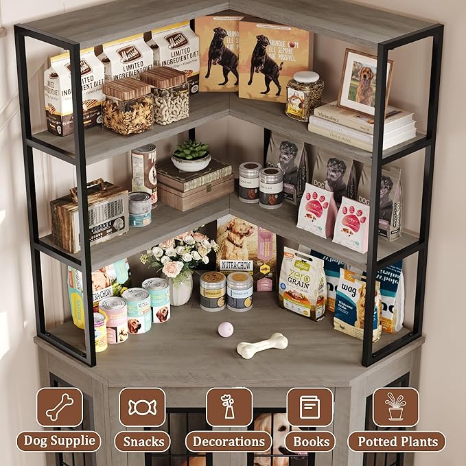 FACBOTALL Corner Dog Crate Furniture with Storage, Decorative Large Dog Kennel Indoor Furniture with Double Doors, 2 Safety Locks, 4-Tier Shelves, Large Dog Cage Furniture for Medium and Big Dogs